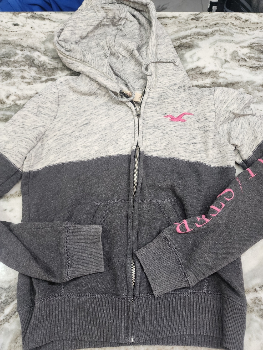 Hollister Two-Tone Gray Zip Hoodie with Pink Logo